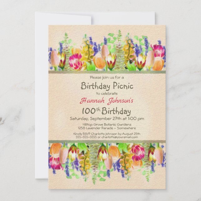 Spring Floral 100th Birthday Picnic Party Invitation (Front)