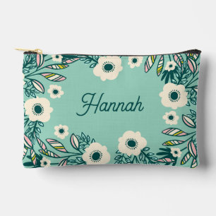 Spring Floral Accessory Pouch – White & Teal