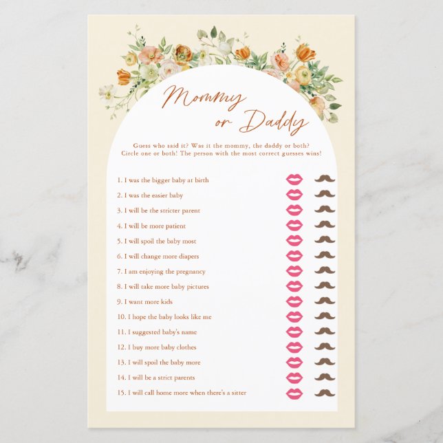 Spring Floral Baby Shower Mummy Or Daddy Game (Front)