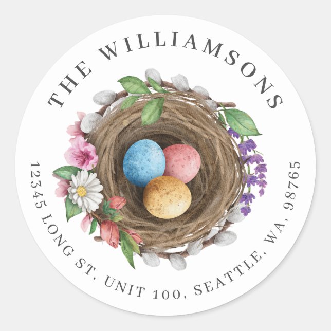 Spring Floral Bird Nest & Painted Eggs Classic Round Sticker (Front)