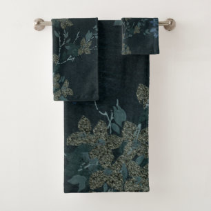 SPRING FLORAL BLACK BLUE GREEN BATHROOM TOWEL SET