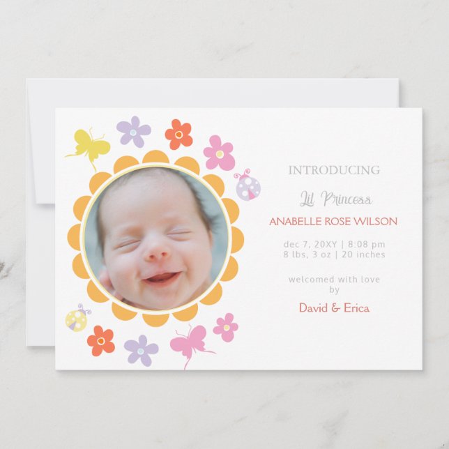 Spring Floral Blooms Girl Photo Birth Announcement (Front)