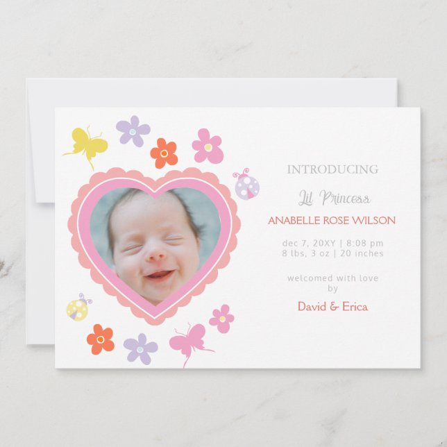 Spring Floral Blooms Girl Photo Birth Announcement (Front)