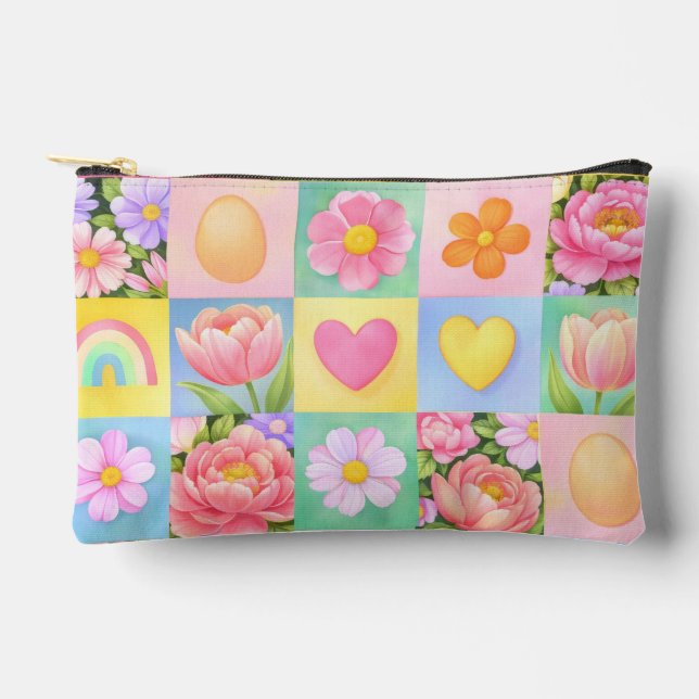Spring Floral Blossoms Heart Checkerboard Pattern Accessory Pouch (Front)