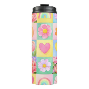 Spring Floral Blossoms Heart Checkerboard Pattern Thermal Tumbler