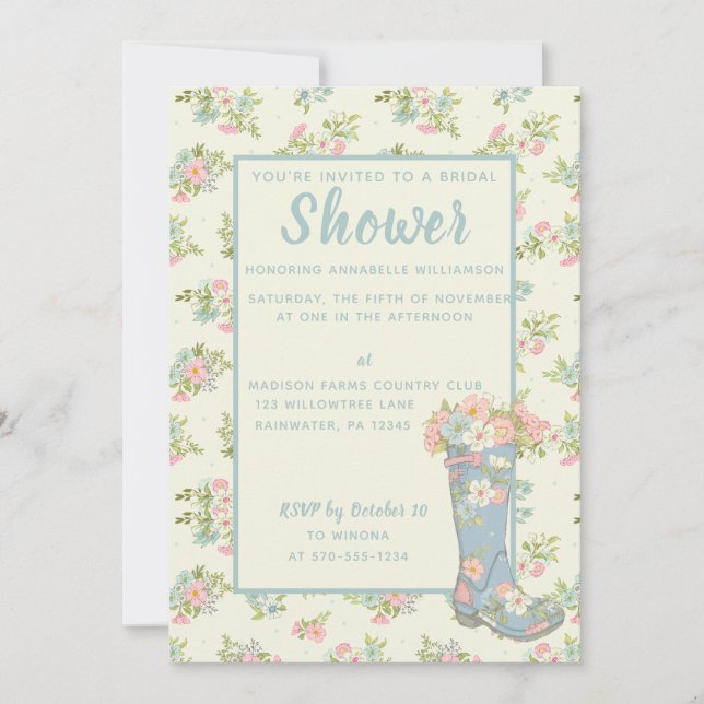 Spring Floral Blue Rain Boot Wedding Shower Invitation (Front)