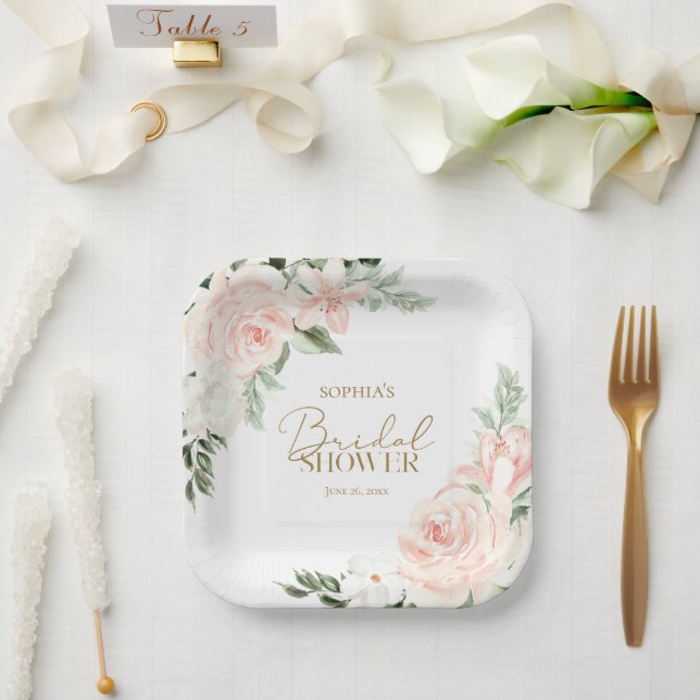 Spring Floral Blush Pink Sage Green Bridal Shower Paper Plate (Wedding)