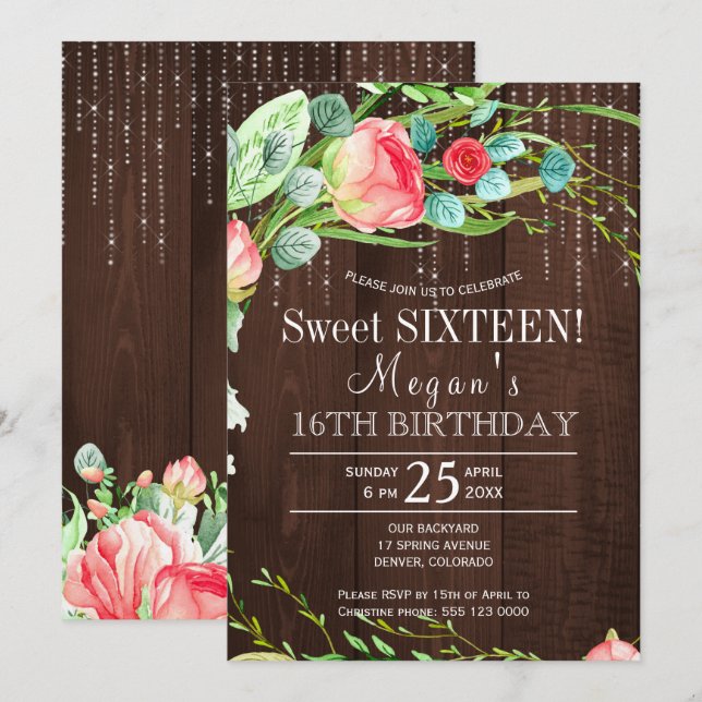 Spring floral blush roses barn wood sweet sixteen invitation (Front/Back)