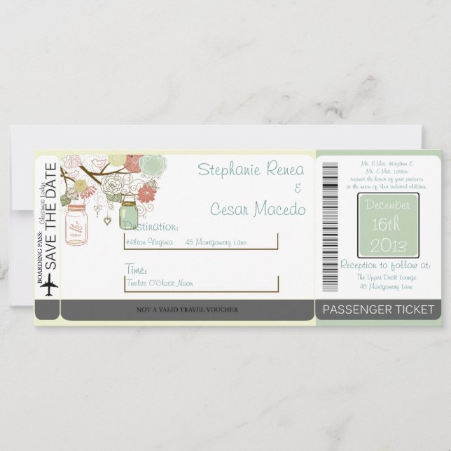 Spring Floral Boarding Pass Wedding Invitation (Front)