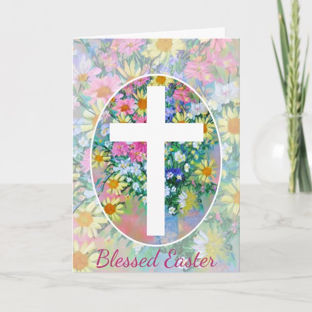 Spring floral bouquet and cross custom Easter Holiday Card (Front)