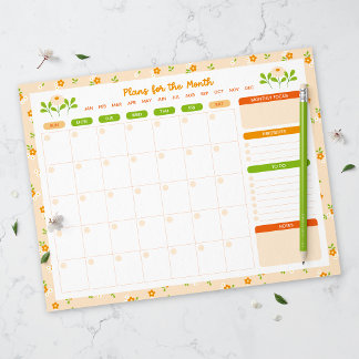 Spring Floral Bouquet Monthly Sunday Start Planner Notepad
