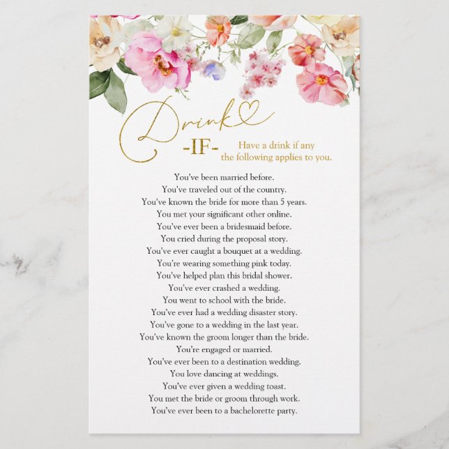 Spring Floral Bridal Shower Drink If Game Cards (Front)