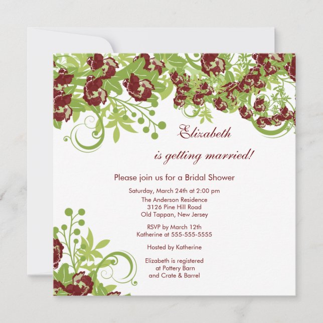 Spring Floral Bridal Shower Invitation Burgundy (Front)