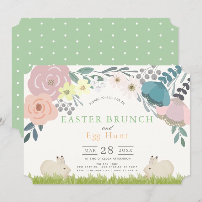 Spring Floral Bunnies Easter Brunch & Egg Hunt Invitation (Front/Back)