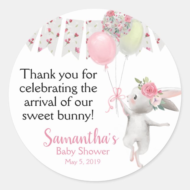 Spring floral bunny baby shower thank you stickers (Front)