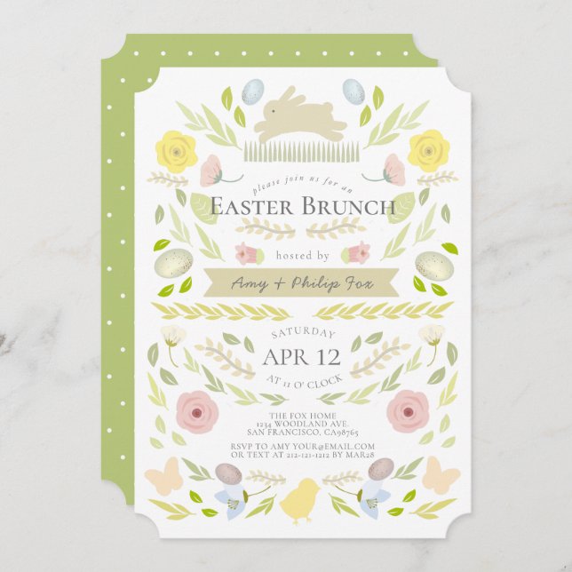 Spring Floral Bunny Foliage Green Easter Brunch Invitation (Front/Back)