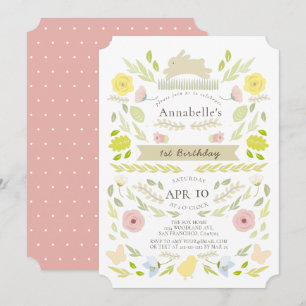 Spring Floral Bunny Pink Girl 1st Birthday Invitation