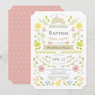 Spring Floral Bunny Pink Girl Baptism Invitation