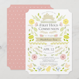 Spring Floral Bunny Pink Girl First Holy Communion Invitation