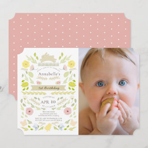 Spring Floral Bunny Pink Girl Photo 1st Birthday Invitation