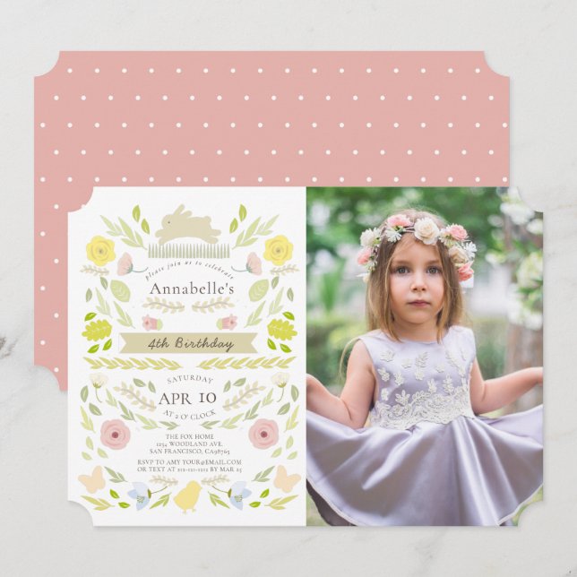 Spring Floral Bunny Pink Girl Photo Birthday Invitation (Front/Back)