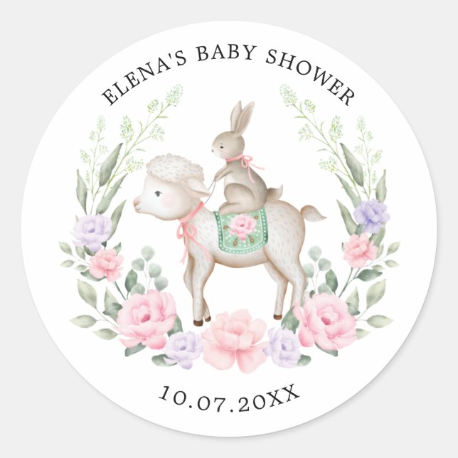 Spring Floral Bunny Rabbit & Lamb Easter Baby Girl Classic Round Sticker (Front)