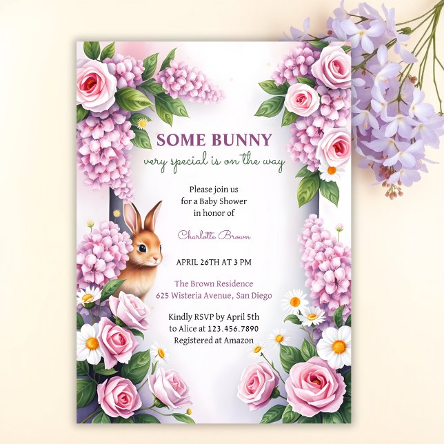 Spring Floral Bunny Tea Party Baby Shower Invitation (Personalized Easter Bunny Baby Shower Invitation Spring Floral Baby Shower Invite)