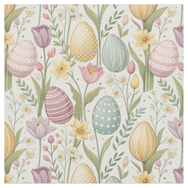 Spring Floral & Colourful Easter Eggs Pattern Fabric (Close Up)