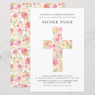 Spring Floral Cross Baby Dedication Invitation