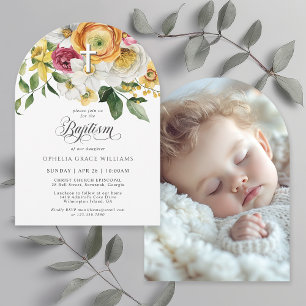 Spring Floral Cross Christian Baptism with Photo Invitation