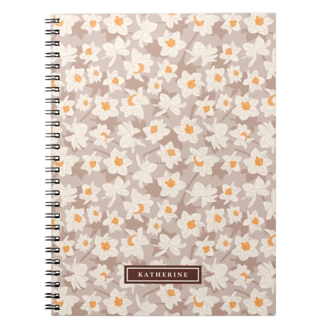 Spring Floral Daffodil Blooms | Brown Personalized Notebook (Front)