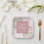 Spring Floral Dusty Rose Boho Watercolor Wedding Paper Plate<br><div class="desc">These beautiful paper plates will make your wedding reception special. They feature an elegant boho chic spring floral design with roses and blossoms in shades of coral, blush pink, peach, and mauve on a marbled dusty rose coloured background. Along with the flowers are eucalyptus leaves, foliage, and greenery in shades...</div>
