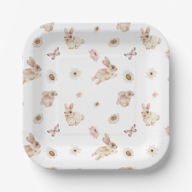 Spring Floral Easter Bunny Baby Shower Paper Plate (Front)
