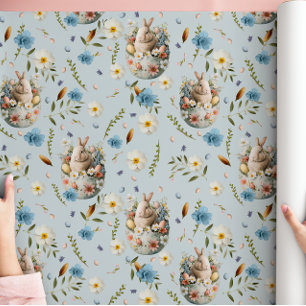 Spring Floral Easter Bunny Celebration Blue Wrapping Paper