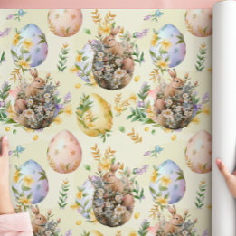 Spring Floral Easter Bunny Celebration Yellow Wrapping Paper