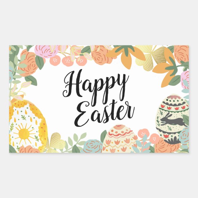 Spring Floral Egg Hunt Clover Happy Easter Rectangular Sticker (Front)