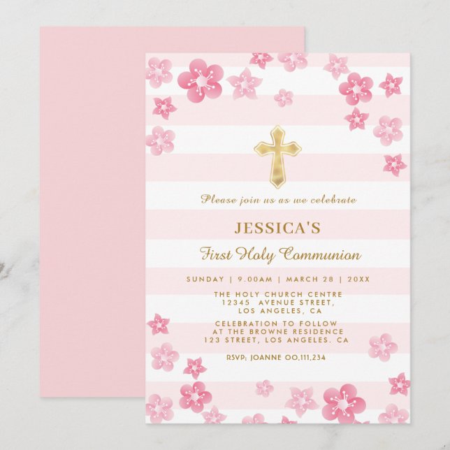Spring floral first holy communion invitation card (Front/Back)