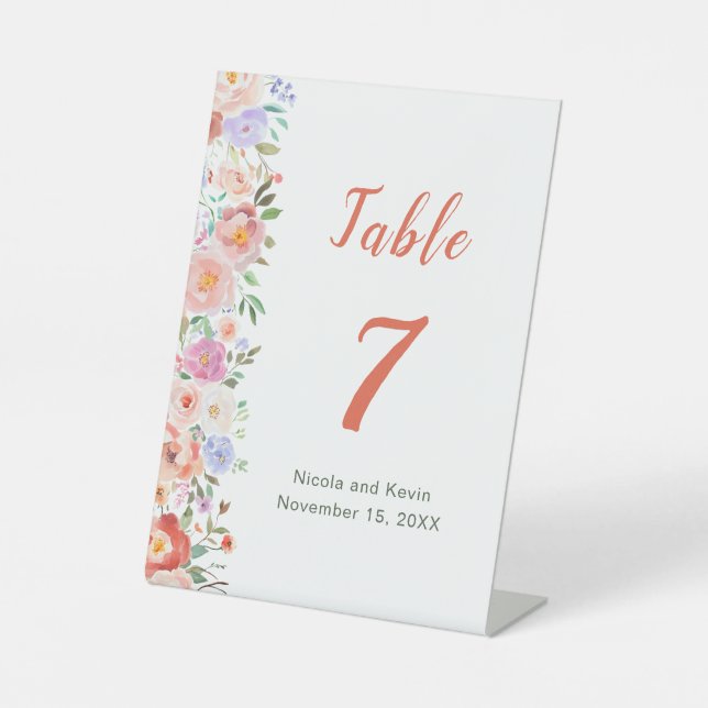 Spring Floral Flowers Wedding Table Number Pedestal Sign (Front)