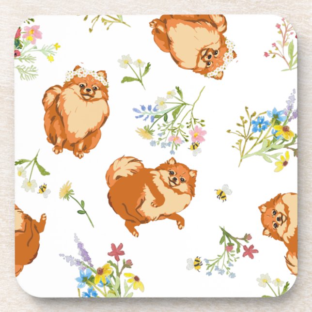 Spring Floral Fluffy Dog Hard plastic coaster (Front)