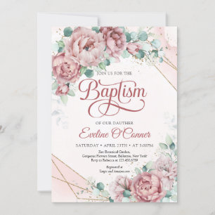 Spring floral garden rose gold blush roses Baptism Invitation