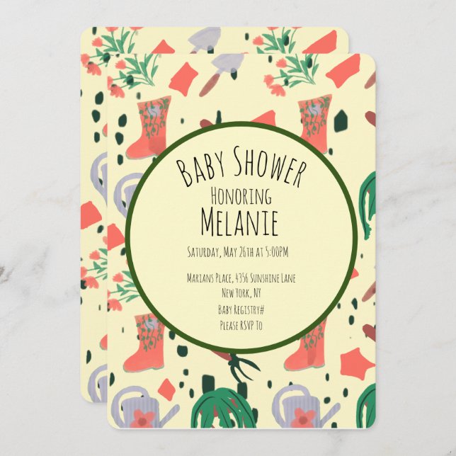 Spring Floral Garden Tools Pot  Baby Shower Invitation (Front/Back)