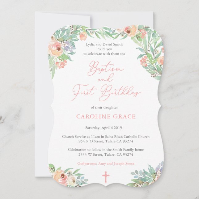 Spring Floral Girl Baptism and 1st Birthday Party Invitation (Front)