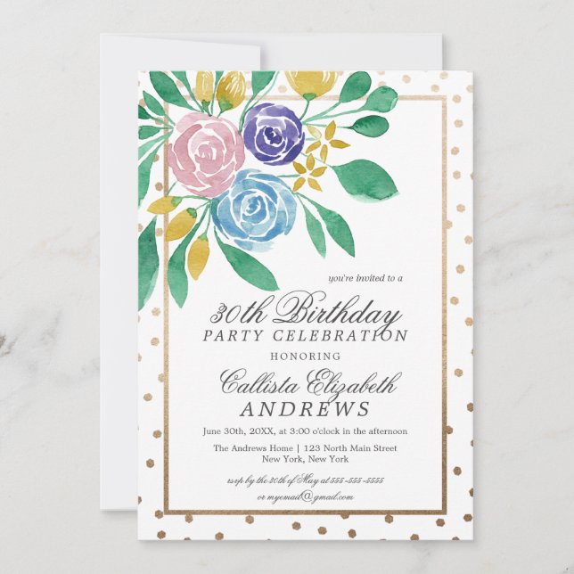 Spring Floral Gold Confetti Watercolor Birthday Invitation (Front)