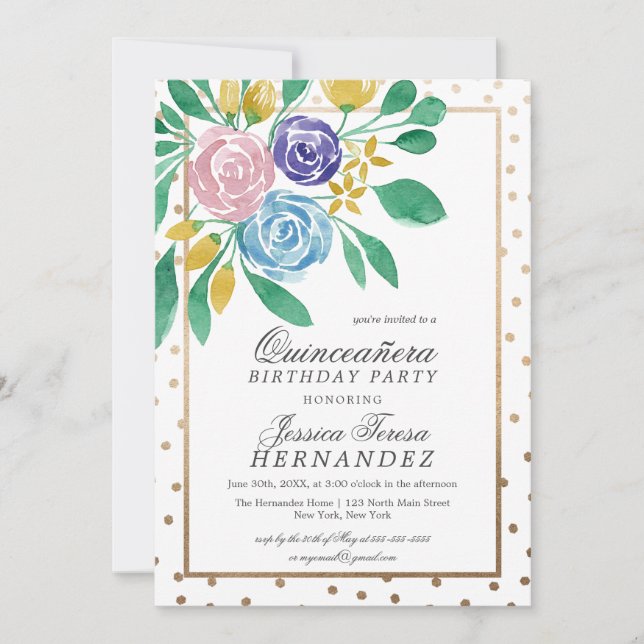 Spring Floral Gold Confetti Watercolor Quinceañera Invitation (Front)