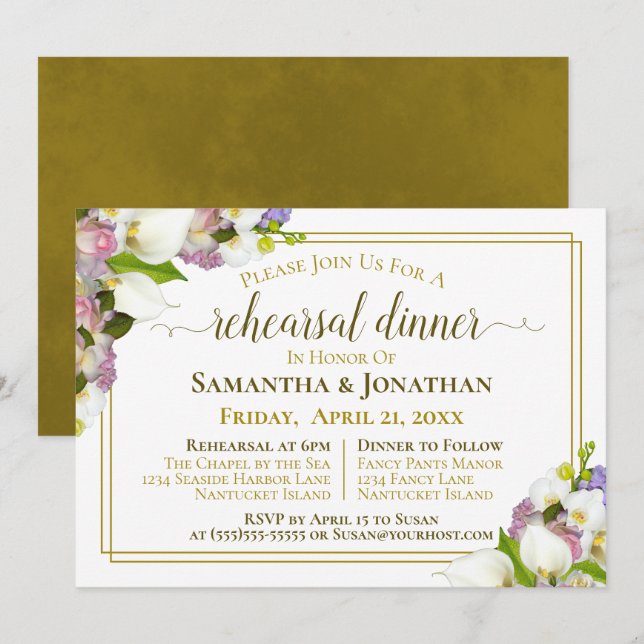 Spring Floral Gold Wedding Rehearsal & Dinner Invitation (Front/Back)