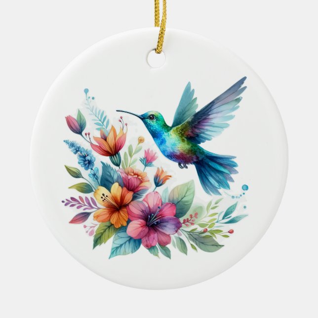 Spring Floral Hummingbird Ceramic Tree Decoration (Front)