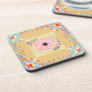 Spring Floral Illustration, Orange Graphic Art Coaster