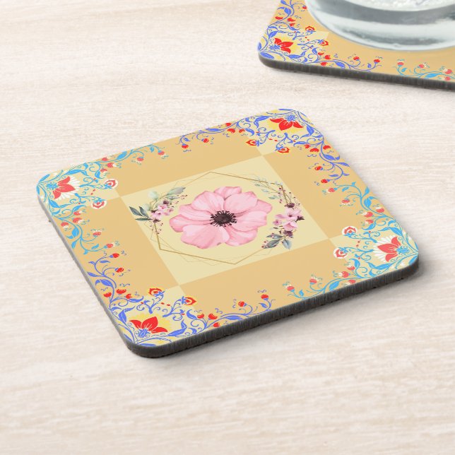 Spring Floral Illustration, Orange Graphic Art Coaster (Left Side)