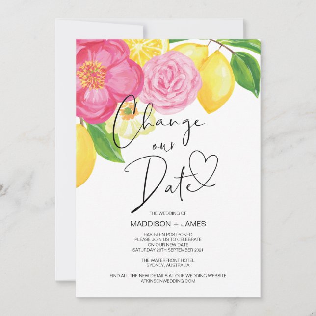 Spring Floral Lemon Change the Date Wedding Invitation (Front)