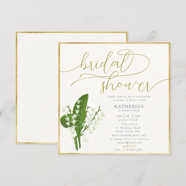 Spring Floral Lily Valley Gold Frame Bridal Shower Invitation (Front/Back)